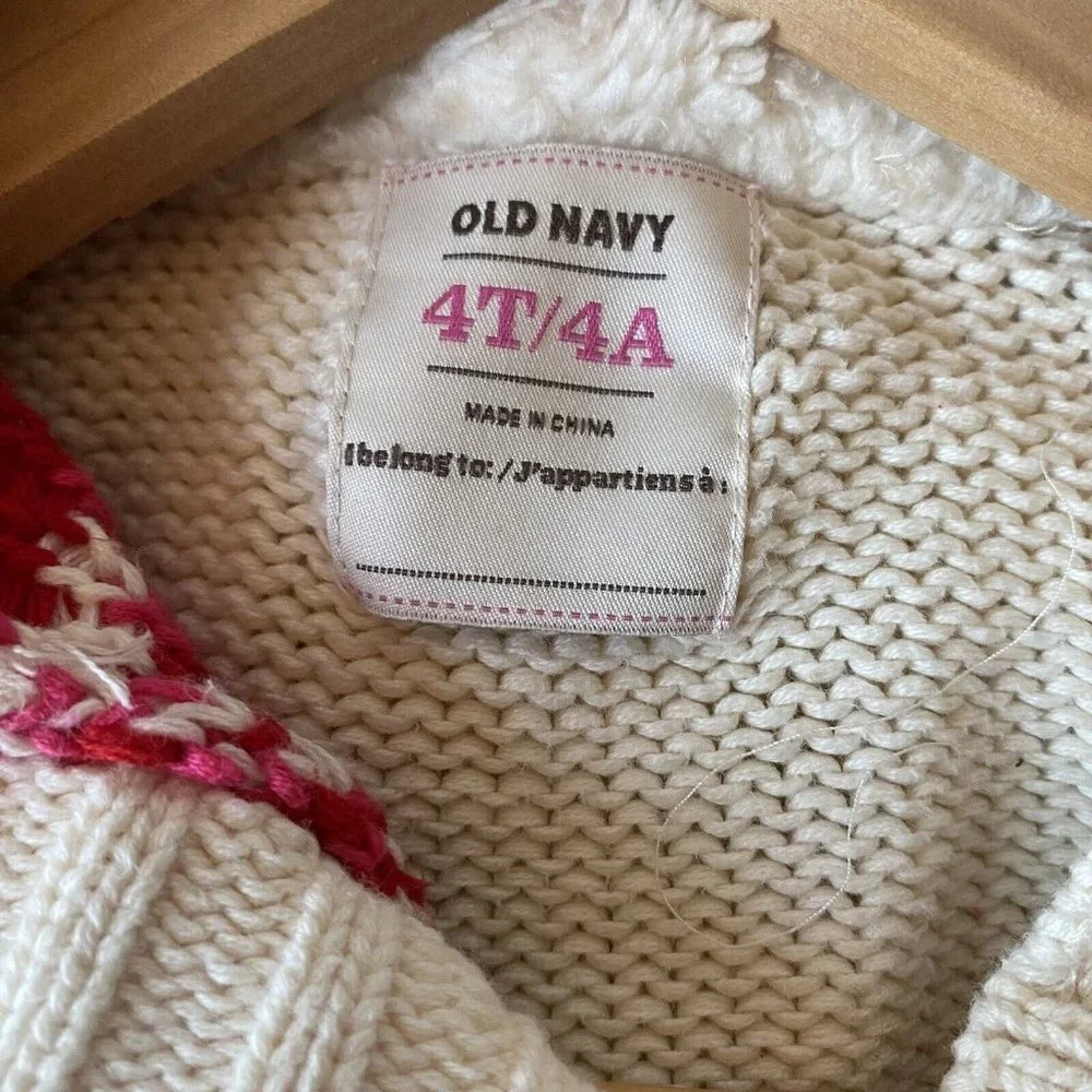 Old Navy Fair Isles little kids 4T‎ hooded cardigan jacket cable knit red toggle